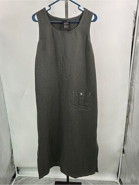 Vintage Pellini Maxi Dress Womens L Olive Green 90s Lagenlook Minimalist Pocket